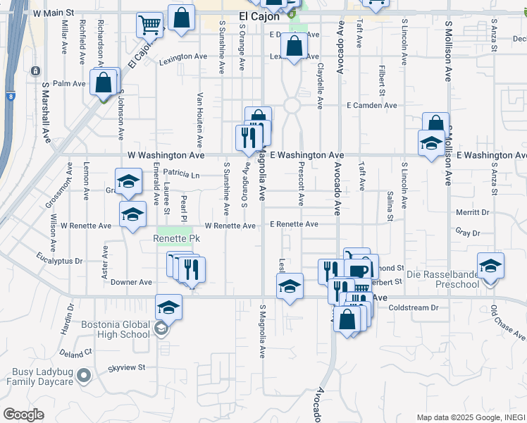 map of restaurants, bars, coffee shops, grocery stores, and more near 828 South Magnolia Avenue in El Cajon