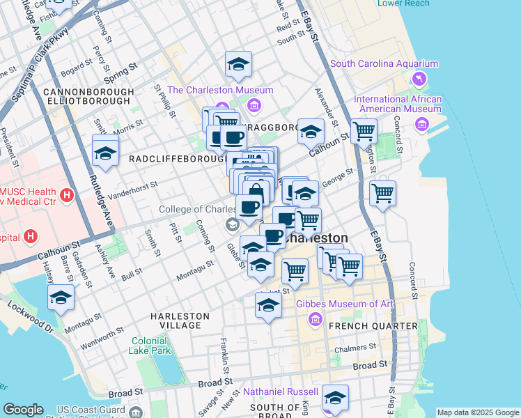 map of restaurants, bars, coffee shops, grocery stores, and more near 344 King Street in Charleston