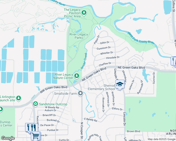map of restaurants, bars, coffee shops, grocery stores, and more near 404 Green Oaks Circle in Arlington