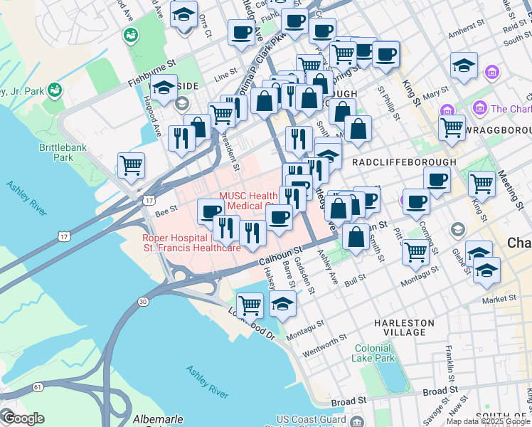 map of restaurants, bars, coffee shops, grocery stores, and more near in Charleston
