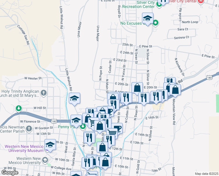 map of restaurants, bars, coffee shops, grocery stores, and more near 2005 North Juniper Avenue in Silver City