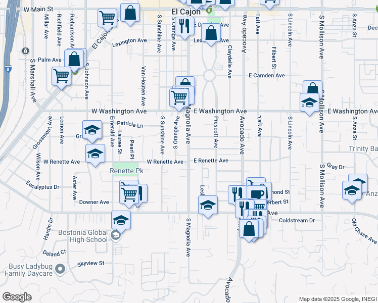 map of restaurants, bars, coffee shops, grocery stores, and more near 828 South Magnolia Avenue in El Cajon