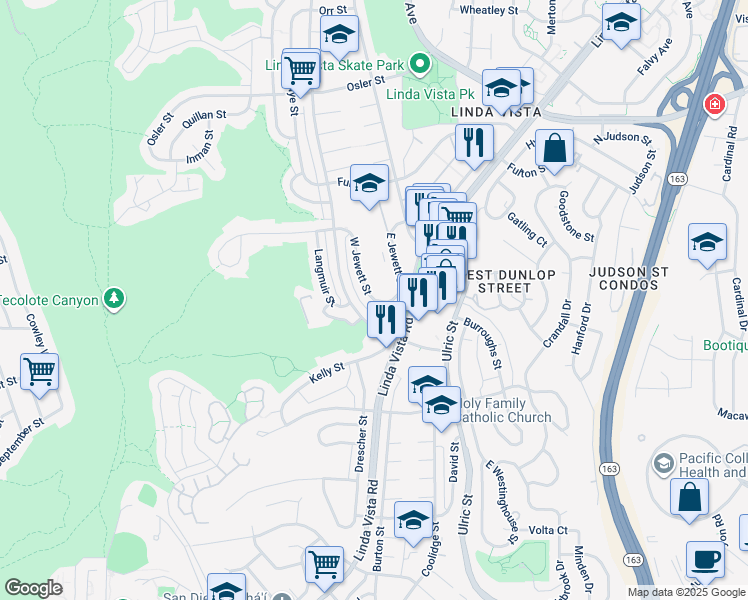 map of restaurants, bars, coffee shops, grocery stores, and more near 2230 East Jewett Street in San Diego