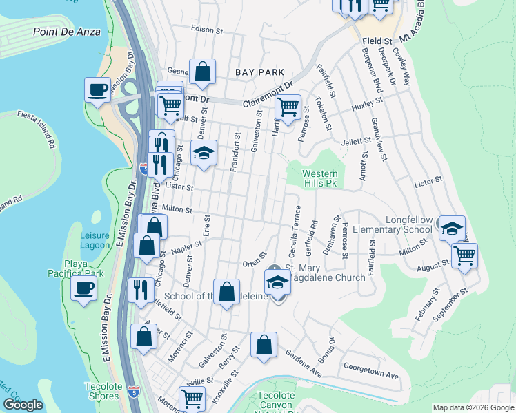 map of restaurants, bars, coffee shops, grocery stores, and more near 2321 Hartford Street in San Diego