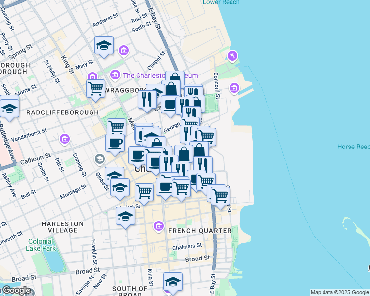 map of restaurants, bars, coffee shops, grocery stores, and more near 314 East Bay Street in Charleston