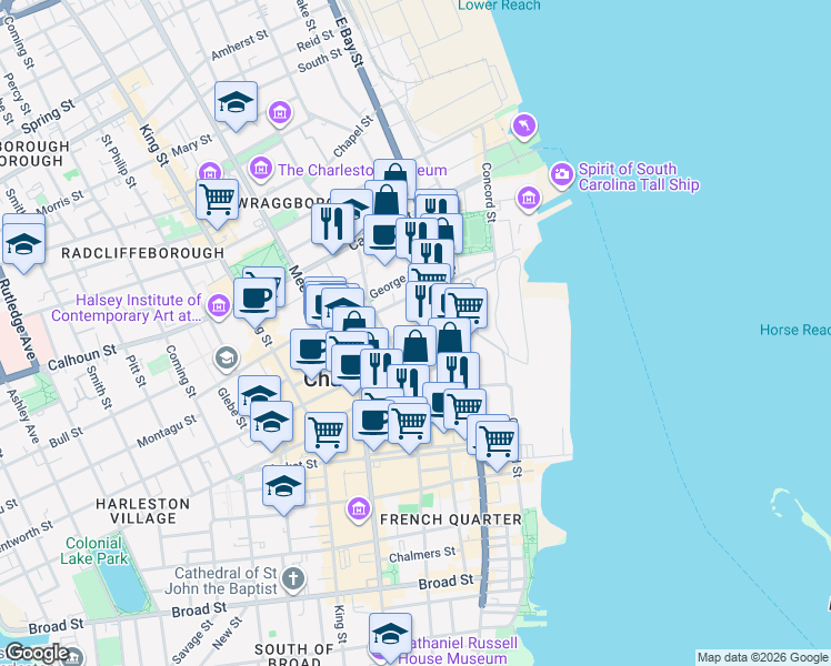 map of restaurants, bars, coffee shops, grocery stores, and more near 314 East Bay Street in Charleston