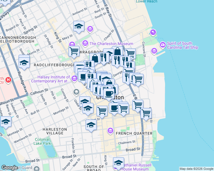 map of restaurants, bars, coffee shops, grocery stores, and more near 9 George Street in Charleston