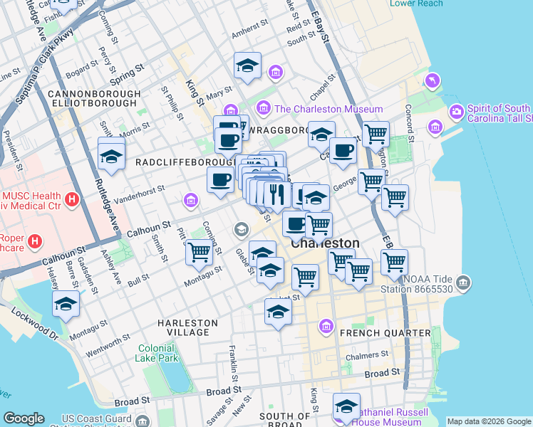 map of restaurants, bars, coffee shops, grocery stores, and more near 19 Burns Lane in Charleston