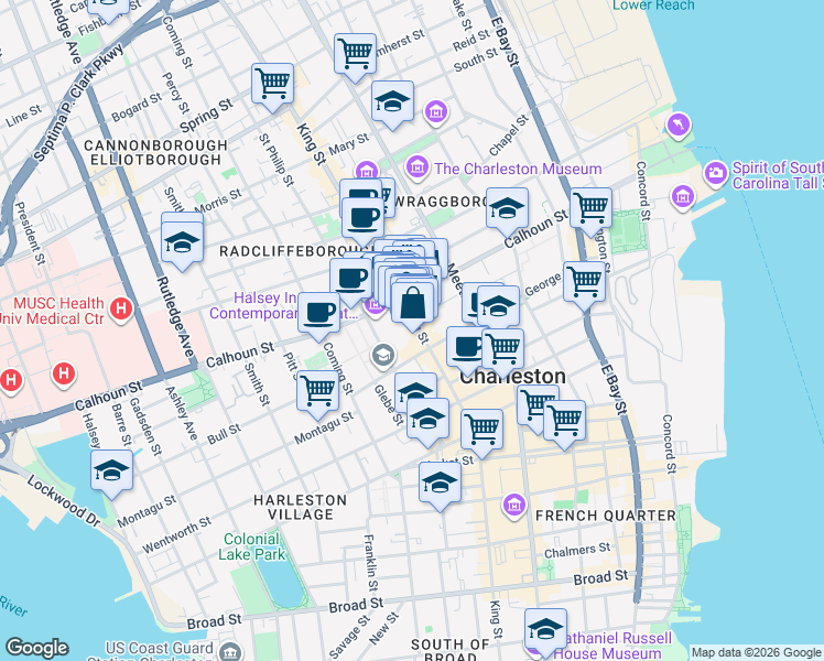 map of restaurants, bars, coffee shops, grocery stores, and more near 145B Calhoun Street in Charleston