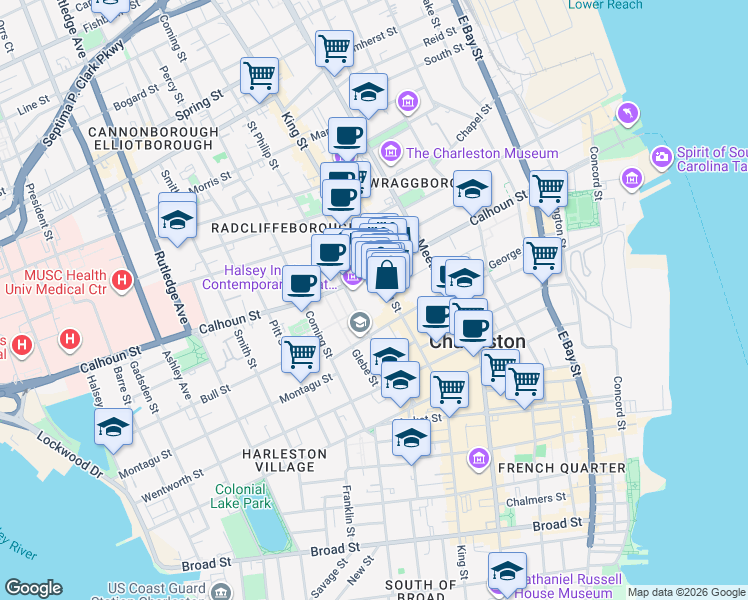 map of restaurants, bars, coffee shops, grocery stores, and more near 145B Calhoun Street in Charleston
