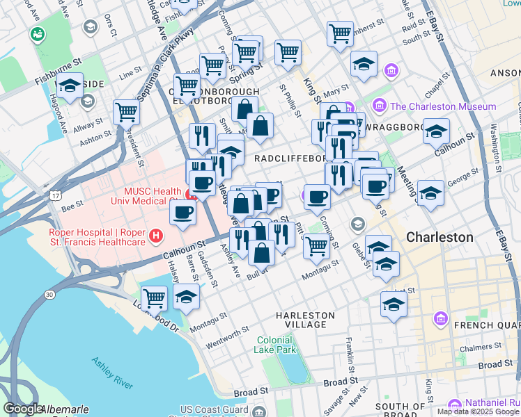map of restaurants, bars, coffee shops, grocery stores, and more near 6 Murphy Court in Charleston