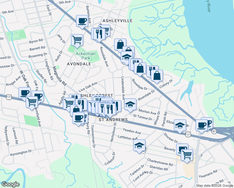 map of restaurants, bars, coffee shops, grocery stores, and more near 28 Avondale Avenue in Charleston