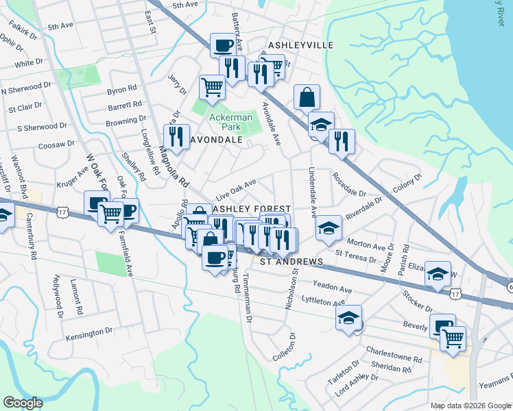 map of restaurants, bars, coffee shops, grocery stores, and more near 215 Collingwood in Charleston