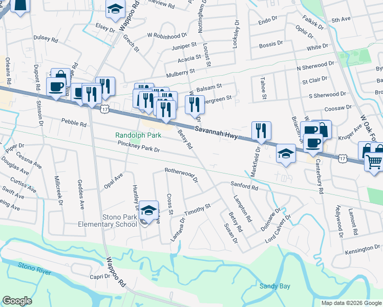 map of restaurants, bars, coffee shops, grocery stores, and more near 1625 Savannah Highway in Charleston