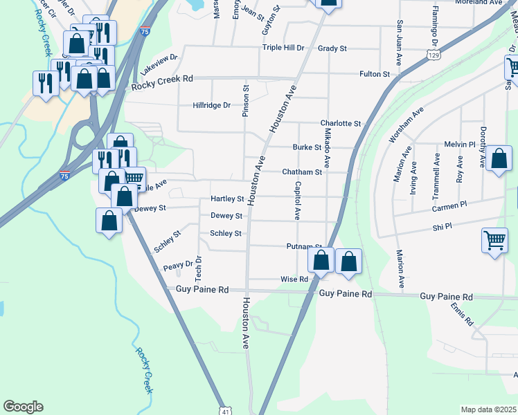 map of restaurants, bars, coffee shops, grocery stores, and more near 1085 Toombs Street in Macon