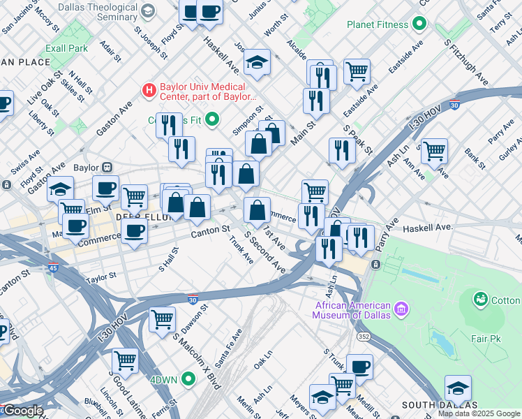 map of restaurants, bars, coffee shops, grocery stores, and more near 3817 South Pacific Avenue in Dallas