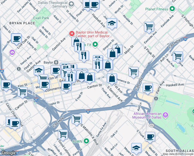 map of restaurants, bars, coffee shops, grocery stores, and more near in Dallas