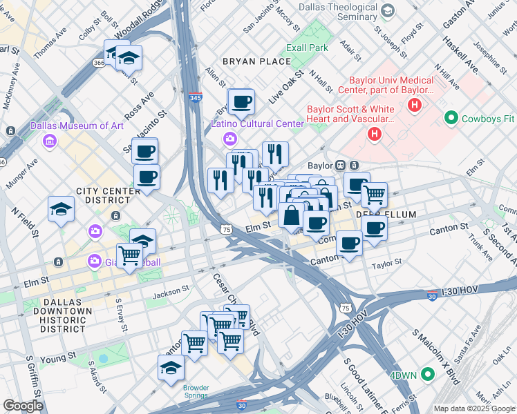 map of restaurants, bars, coffee shops, grocery stores, and more near 2550 Pacific Avenue in Dallas