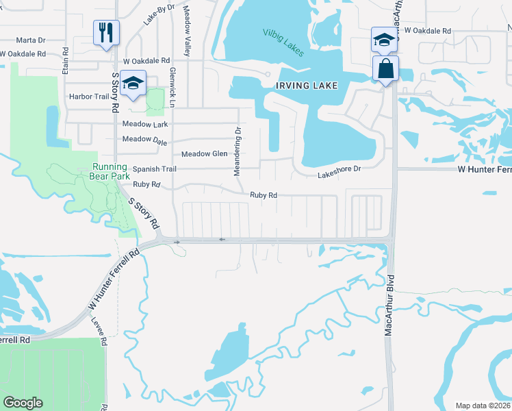 map of restaurants, bars, coffee shops, grocery stores, and more near 2140 Meandering Drive in Irving