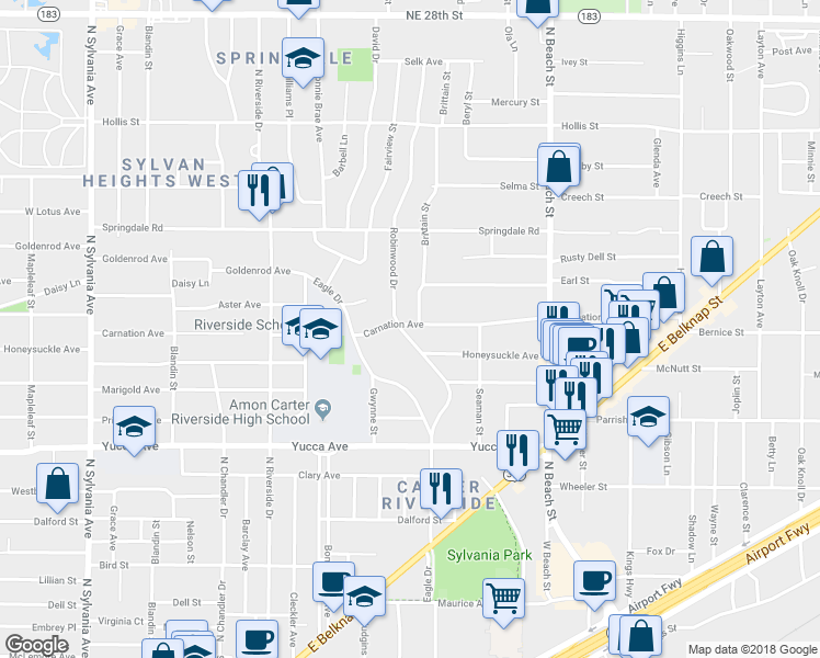 map of restaurants, bars, coffee shops, grocery stores, and more near 1709 Brittain Street in Fort Worth