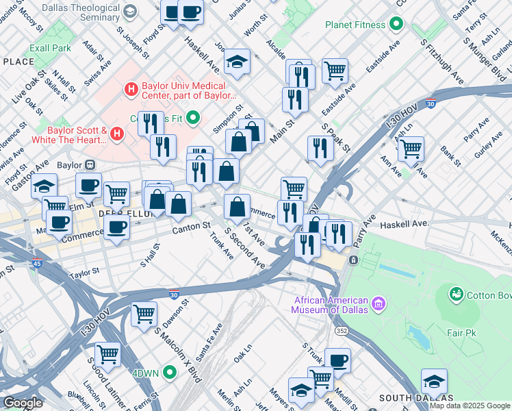 map of restaurants, bars, coffee shops, grocery stores, and more near 3817 South Pacific Avenue in Dallas