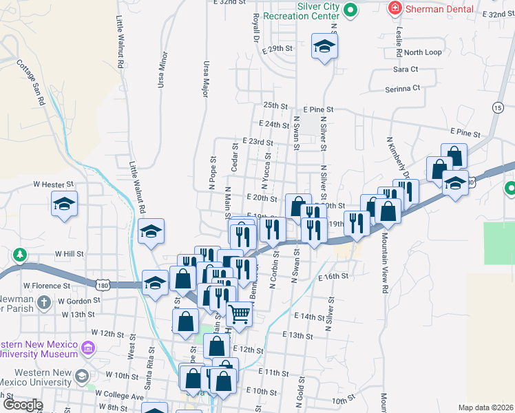 map of restaurants, bars, coffee shops, grocery stores, and more near 2004 N Yucca St in Silver City