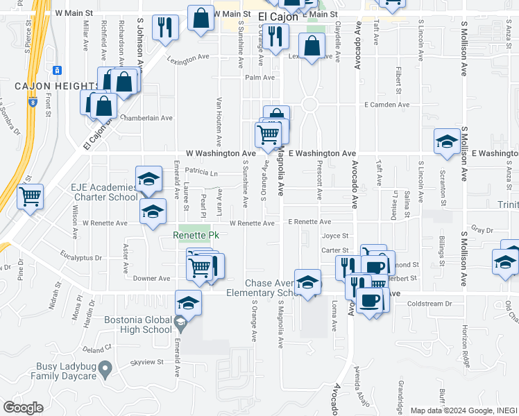 map of restaurants, bars, coffee shops, grocery stores, and more near 862 South Orange Avenue in El Cajon