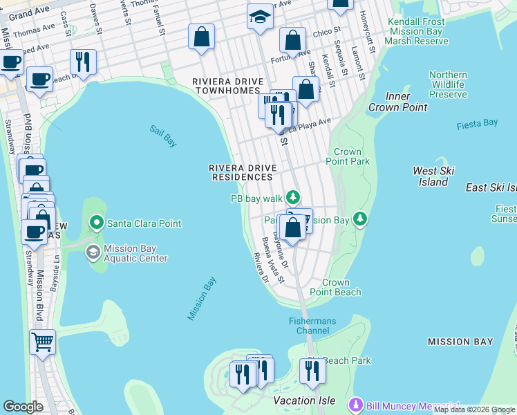 map of restaurants, bars, coffee shops, grocery stores, and more near 3616 Buena Vista Street in San Diego