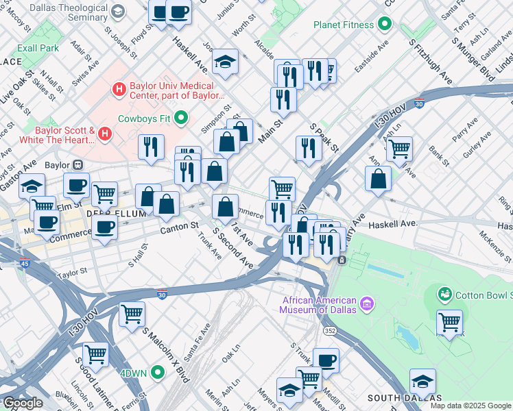 map of restaurants, bars, coffee shops, grocery stores, and more near 3800 Commerce Street in Dallas