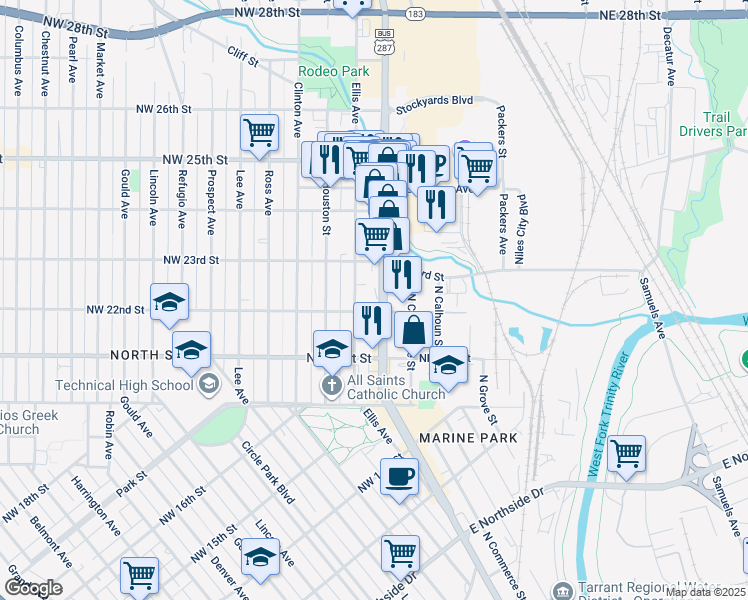 map of restaurants, bars, coffee shops, grocery stores, and more near 2212 Ellis Avenue in Fort Worth