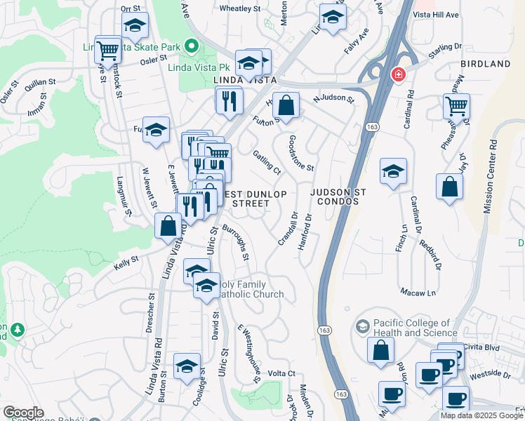 map of restaurants, bars, coffee shops, grocery stores, and more near 2229 Dunlop Street in San Diego