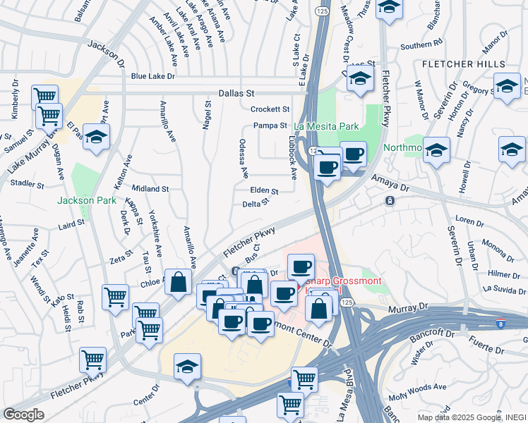 map of restaurants, bars, coffee shops, grocery stores, and more near 8750 Mellmanor Drive in La Mesa