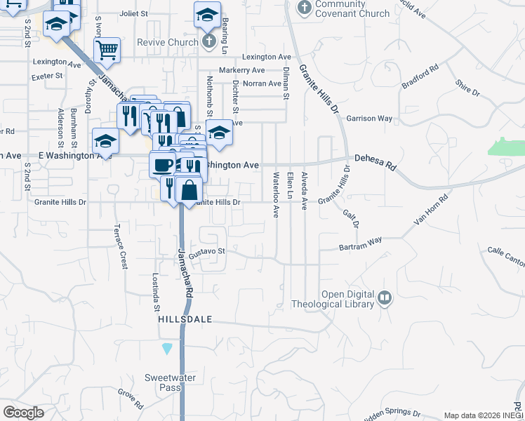 map of restaurants, bars, coffee shops, grocery stores, and more near 1571 Granite Hills Drive in El Cajon