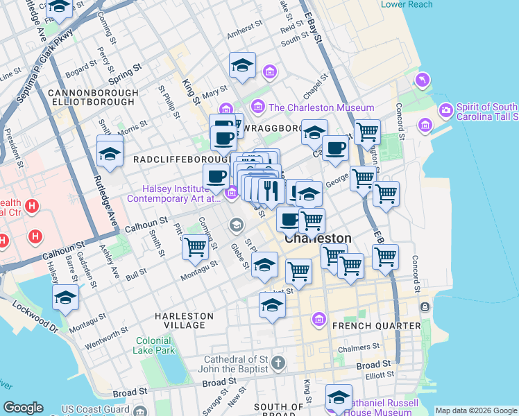 map of restaurants, bars, coffee shops, grocery stores, and more near 21 Burns Lane in Charleston