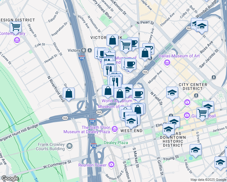map of restaurants, bars, coffee shops, grocery stores, and more near 2200 North Lamar Street in Dallas