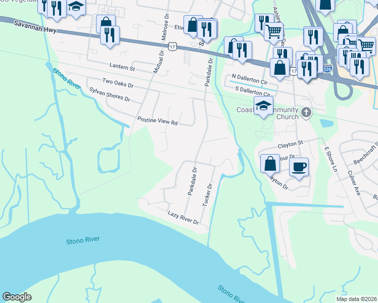 map of restaurants, bars, coffee shops, grocery stores, and more near 415 Parkdale Drive in Charleston