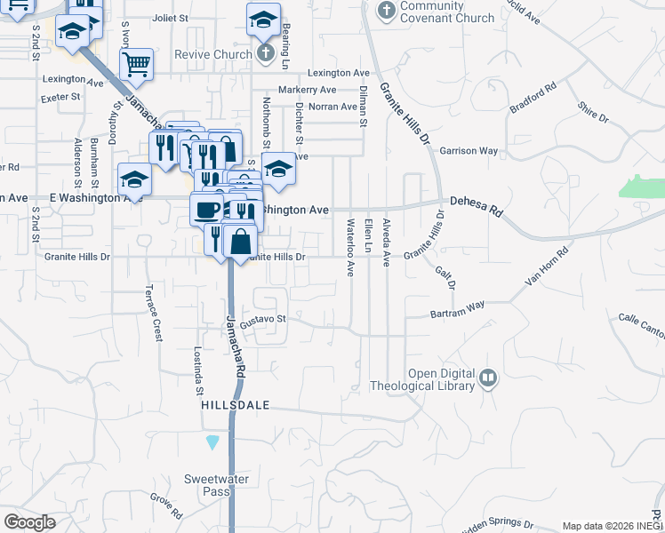 map of restaurants, bars, coffee shops, grocery stores, and more near 1571 Granite Hills Drive in El Cajon