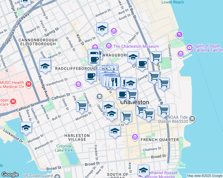 map of restaurants, bars, coffee shops, grocery stores, and more near 21 Burns Lane in Charleston