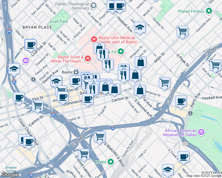 map of restaurants, bars, coffee shops, grocery stores, and more near 3200 Main Street in Dallas