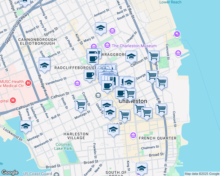 map of restaurants, bars, coffee shops, grocery stores, and more near 348 King Street in Charleston