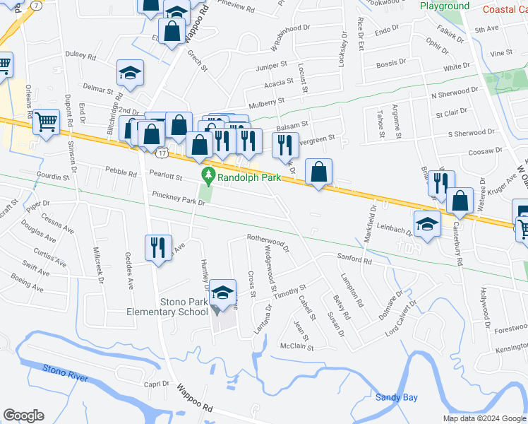 map of restaurants, bars, coffee shops, grocery stores, and more near 1642 Pinckney Park Drive in Charleston