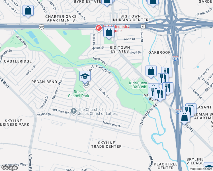 map of restaurants, bars, coffee shops, grocery stores, and more near 2530 Wanda Drive in Mesquite