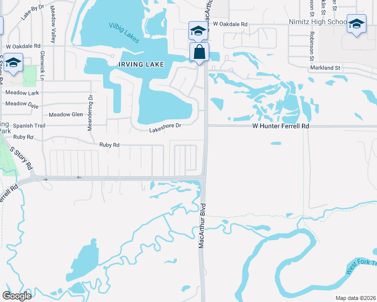 map of restaurants, bars, coffee shops, grocery stores, and more near 1301 White Lake Drive in Irving