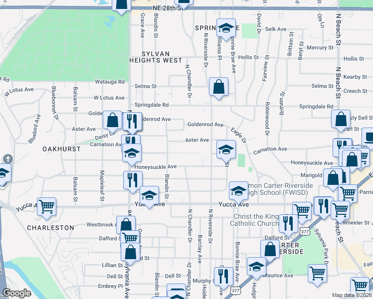map of restaurants, bars, coffee shops, grocery stores, and more near 3004 Aster Avenue in Fort Worth