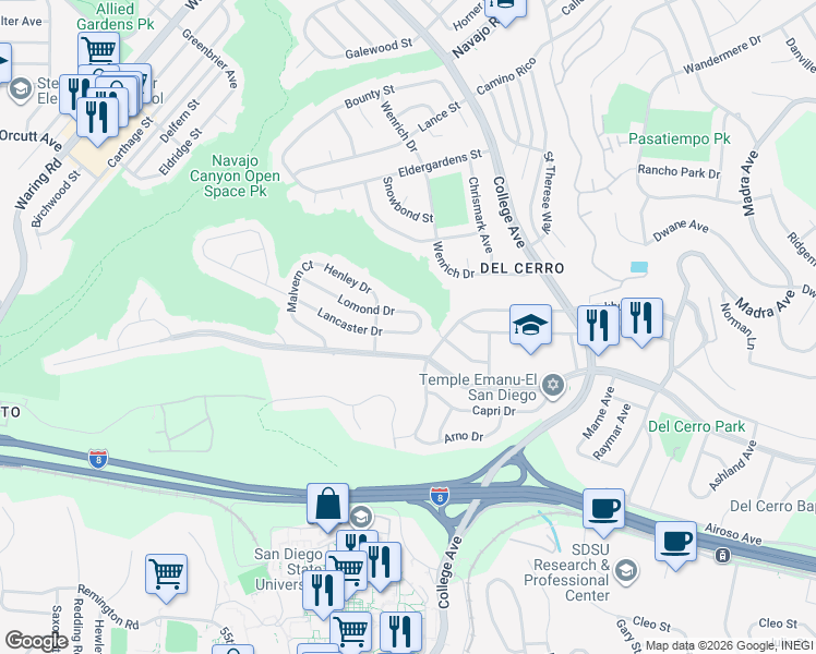 map of restaurants, bars, coffee shops, grocery stores, and more near 6042 Lomond Drive in San Diego