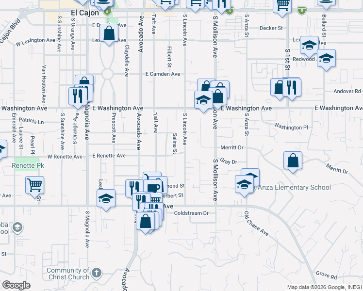 map of restaurants, bars, coffee shops, grocery stores, and more near 815 South Lincoln Avenue in El Cajon