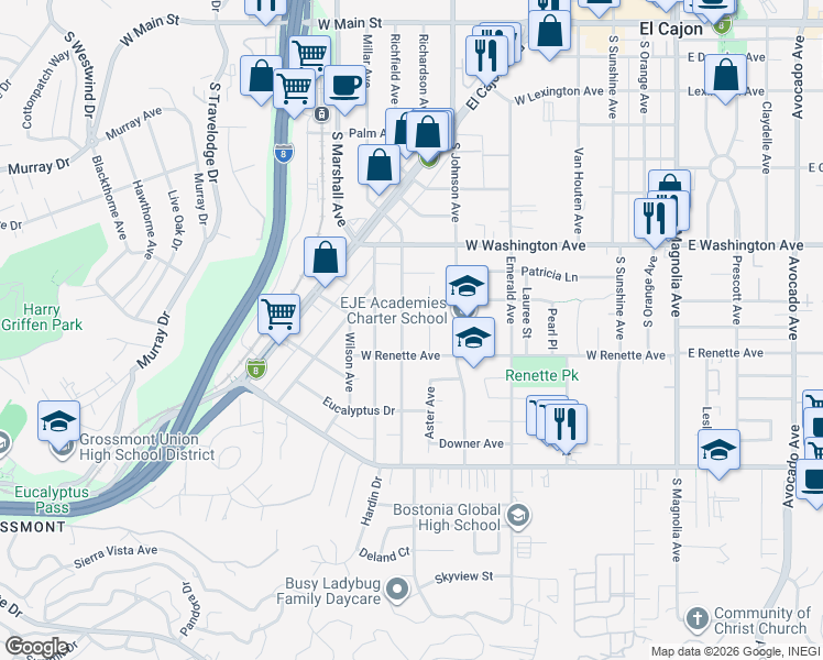 map of restaurants, bars, coffee shops, grocery stores, and more near 805 Lemon Avenue in El Cajon