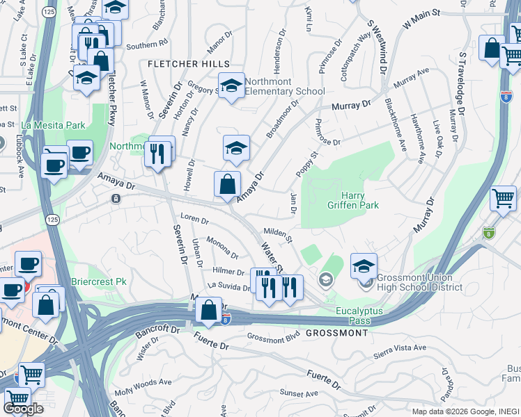 map of restaurants, bars, coffee shops, grocery stores, and more near 5850 Gregg Court in La Mesa