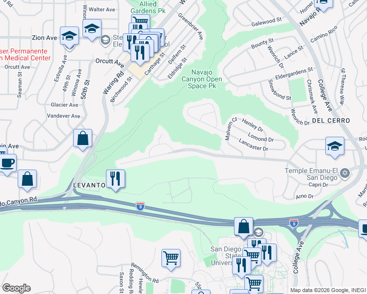 map of restaurants, bars, coffee shops, grocery stores, and more near 5614 Del Cerro Boulevard in San Diego
