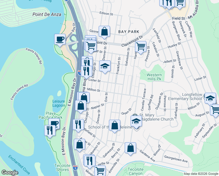 map of restaurants, bars, coffee shops, grocery stores, and more near 2251 Erie Street in San Diego